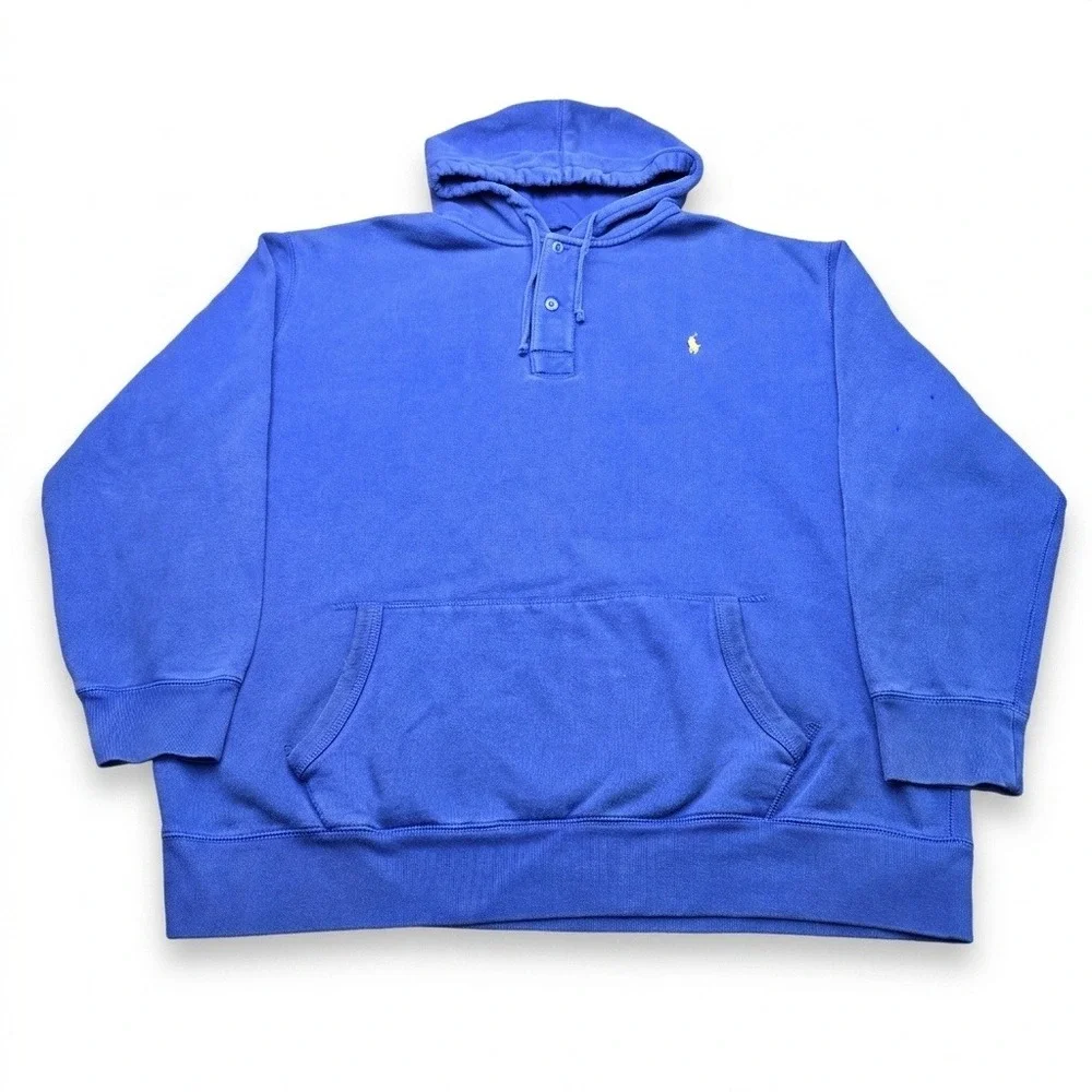 Polo Ralph Lauren Mens 4XLT Tall Blue Henley Button Hoodie Sweatshirt Pony Logo